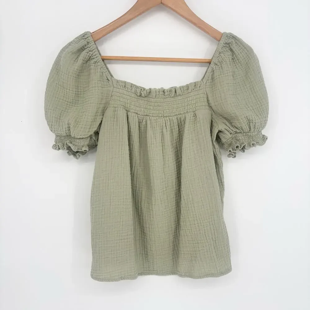 J. Crew 100% Cotton Sage Green Smocked Puff Sleeve Gauze Top Size S